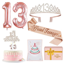 13th Birthday Decorations for Girls with Black Official Teenager Sash and Tiara, 13 Official Teenager Cake Topper and Candles, Number Balloons Rose Gold, Teen Girl Gifts for 13 Year Old