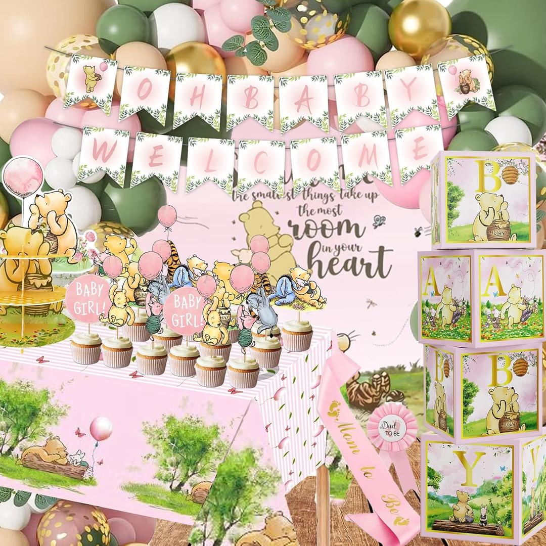 158pcs Pink Classic Winnie Baby Shower Decorations Kit, Vintage Winnie Party Supplies Decorations, Classic Pooh Backdrop Cake Topper, Winnie Baby Tablecloth Box Decorations for Girl Boy Baby Shower