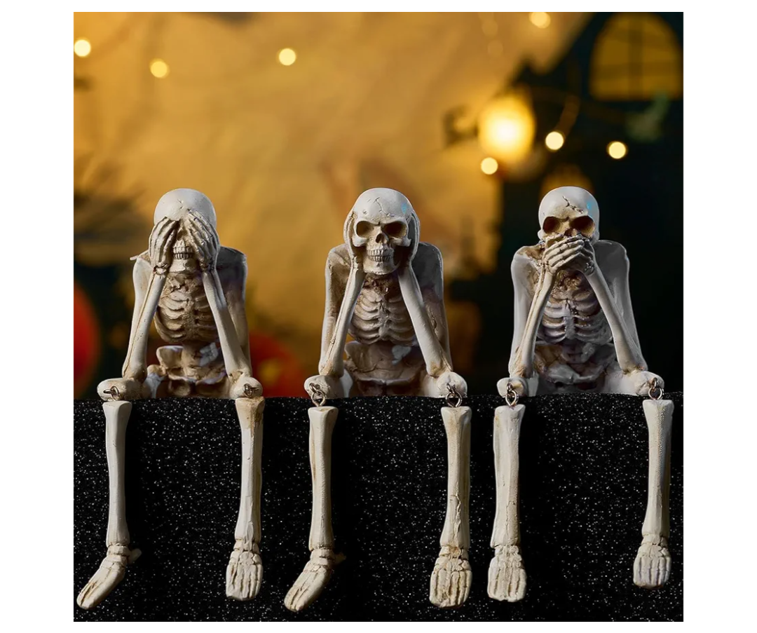 Halloween Skeleton Decor Indoor Hear See Speak No Evil Skeletons for Mantel Shelf, Set of 3 Resin Funny Skeleton Decorations