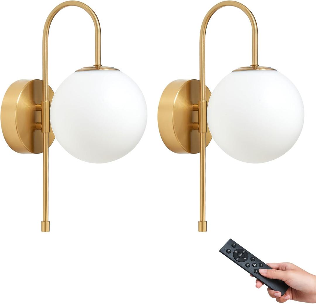 Battery Operated Gooseneck Wall Sconces Set of 2, Glass Globe Wireless Lights with Remote & Touch, Rechargeable Brushed Gold Sconce, 3 Color Dimmable Ambient Lighting for Bedroom Living Room (Curved Arm)