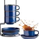Gomakren 6 Ounce Cappuccino Cups with Saucers and Metal Stand, Stackable Coffee Cup Set of 4, Mothers Day Porcelain Espresso Cups for Coffee Drinks, Cappuccino, Latte, Americano, Tea, Cobalt Blue