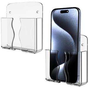 Wall Mounted Phone Holder, Clear Phone Stand Self Adhesive with Charging Hole Compatible with iPhone and Android Smartphone Cradle Bedside Organizer Remote Control Stand for Home Office 2-Pack