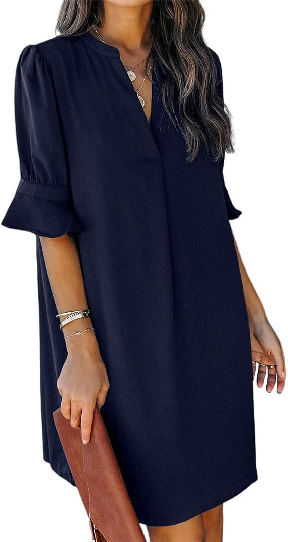 QACOHU Summer Dresses for Women V Neck Ruffle Short Sleeve Casual Shift Dress (Medium, Blue)