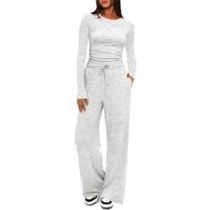 Darong Women's 2 Piece Lounge Sets Long Sleeve Tops Wide Leg Pants Casual Outfits Pajama Set Fall Collection 9065B White Grey M