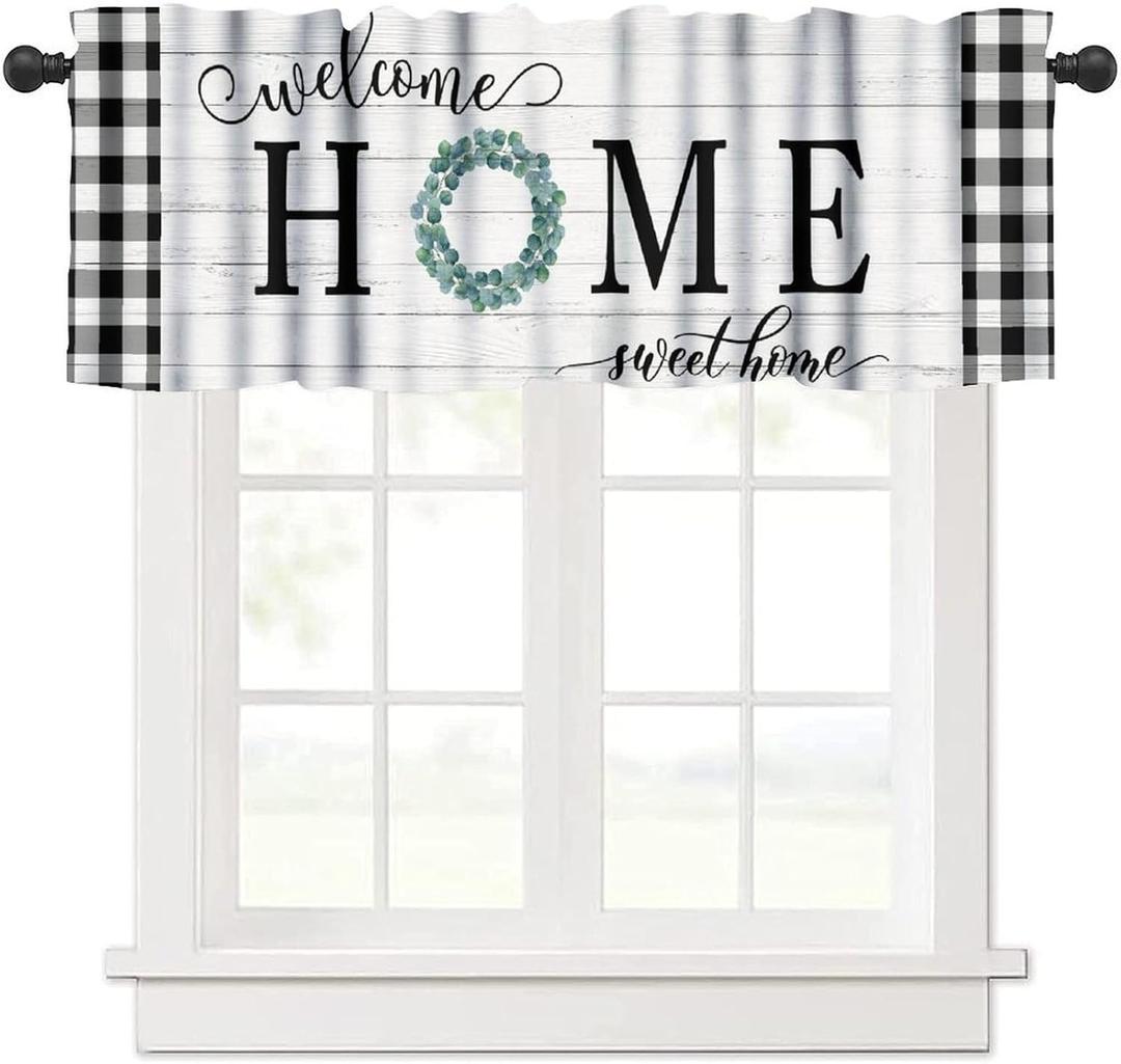 Rustic Farmhouse Kitchen Valance Curtain, Retro Wooden Board Black White Buffalo Plaid Sweet Home Window Treatment Valances for Home Bedroom Living Room Caf Dcor 54x18inch