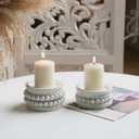 NIKKY HOME Farmhouse Beaded Wooden Candle Holders Set of 2, Rusitc Solid Wood Pillar Candlesticks Pedestal, Fireplace Mantle Table Centerpiece Decor, Distressed White