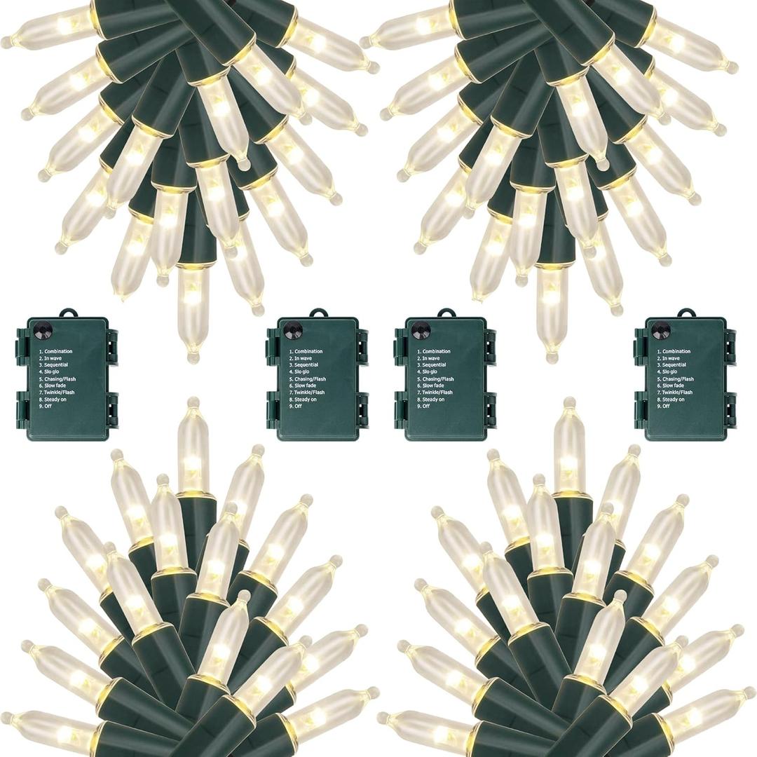 Joliyoou 4 Packs Total 200 LEDs 64ft Warm White Christmas String Lights, Battery Operated Christmas Mini String Lights with 8 Lighting Modes, Indoor Outdoor LED Xmas Fairy String Lights with Timer