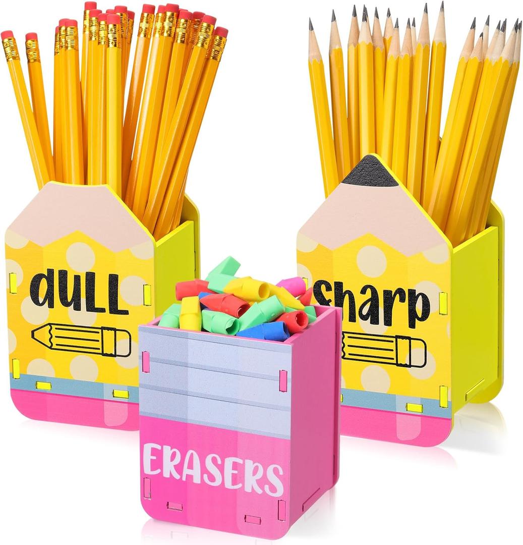 3 Pcs Sharp and Dull Pencil Holder Eraser Buckets Wooden Shaped Dispenser for Back to School Teachers Classroom Management(Pencil Pattern)