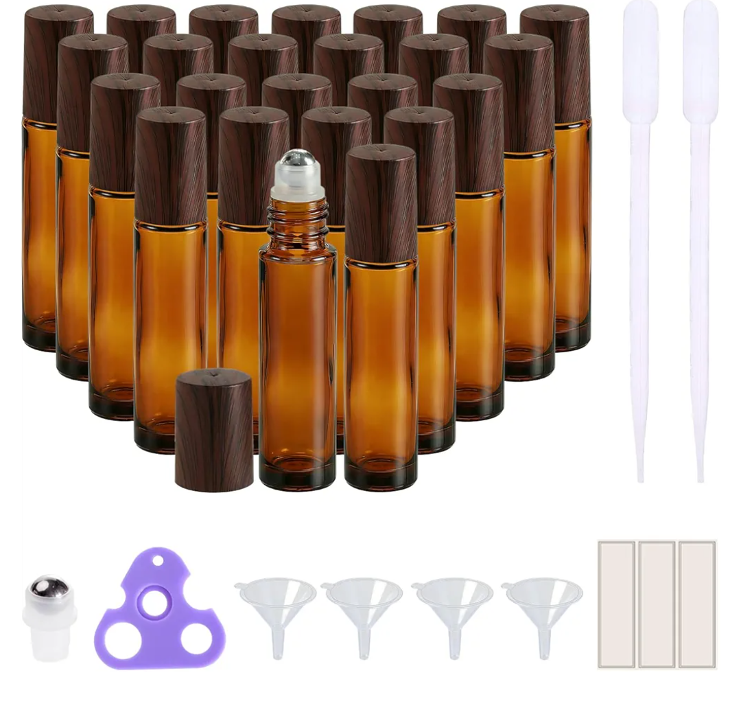 PrettyCare 24 Pack, 10 ml Essential Oil Roller Bottles with Stainless Steel Roller Ball - Refillable Leak-proof Empty Thick Amber Glass Roll on Bottles with Wooden Caps for Travel, Perfume