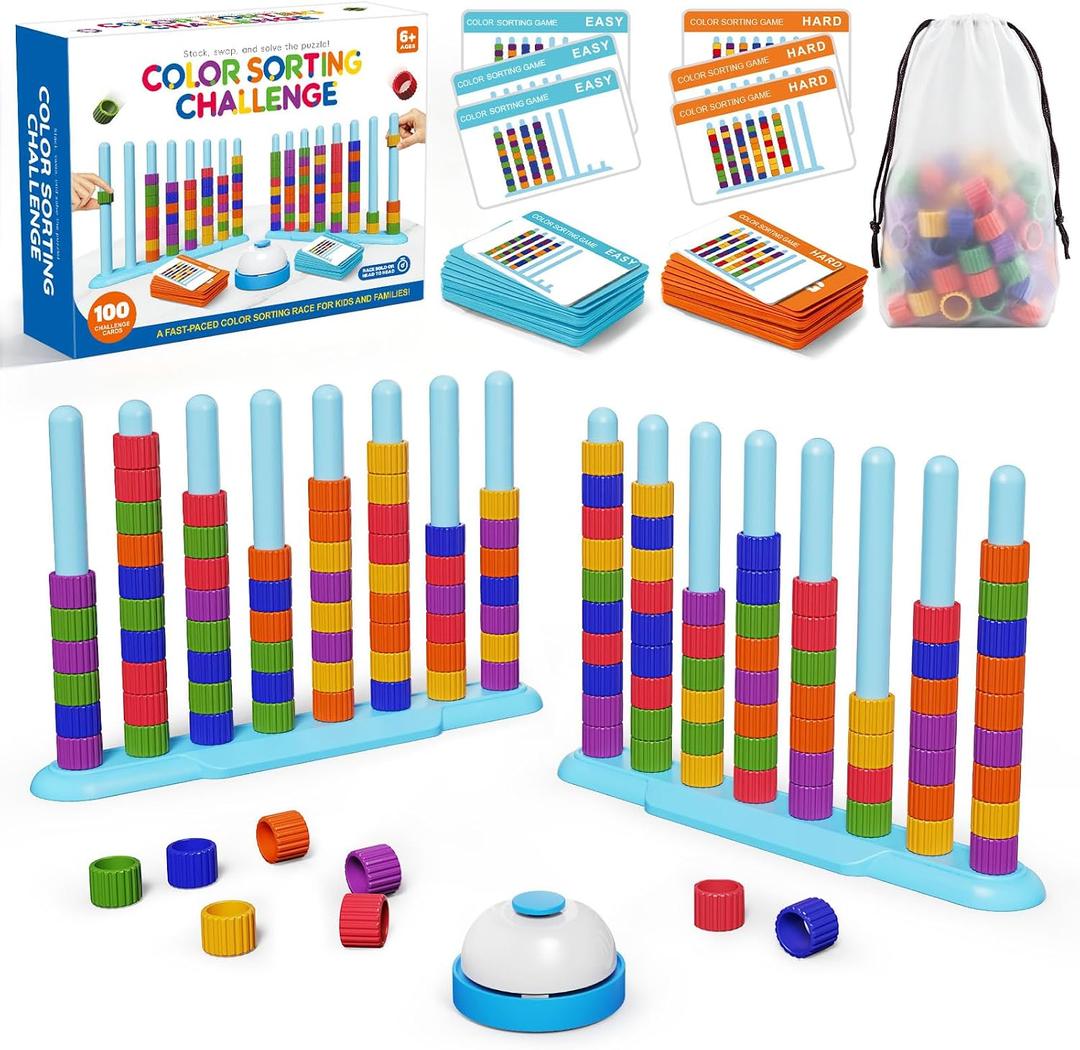 Color Challenge Game A Quick-React Color Matching Puzzle Game, Fun Board Game for Kids 6-8-12, Adults, Party & Family Game Night, Stacking Game Comes with 2 Stack Racks, 100 Cards, 120 Rings & Bell