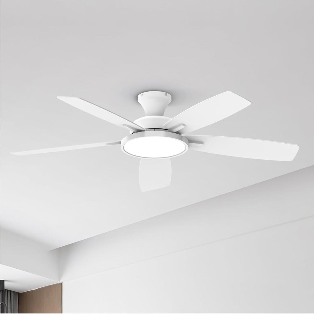 TALOYA 52 inch Ceiling Fans with Lights and Remote, Low Profile Ceiling Fan with Light, Flush Mount, Reversible, 3CCT, Dimmable, Ultra Quiet White Ceiling Fan for Bedroom Living Room Indoor Outdoor