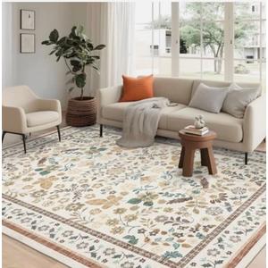 GarveeHome 9x12 Washable Area Rug for Living Room Modern Floral Beige Carpet Non-Slip Low Pile Contemporary Leaf Flower Botanical Rug Easy-Clean Pastoral Area Rug for Dining Bedroom Nursery