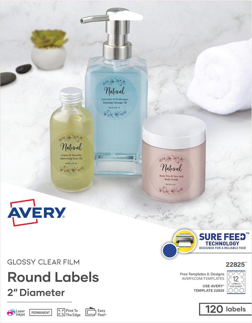 Avery Printable Round Labels with Sure Feed, 2" Diameter, Glossy Clear, 120 Customizable Labels (22825)