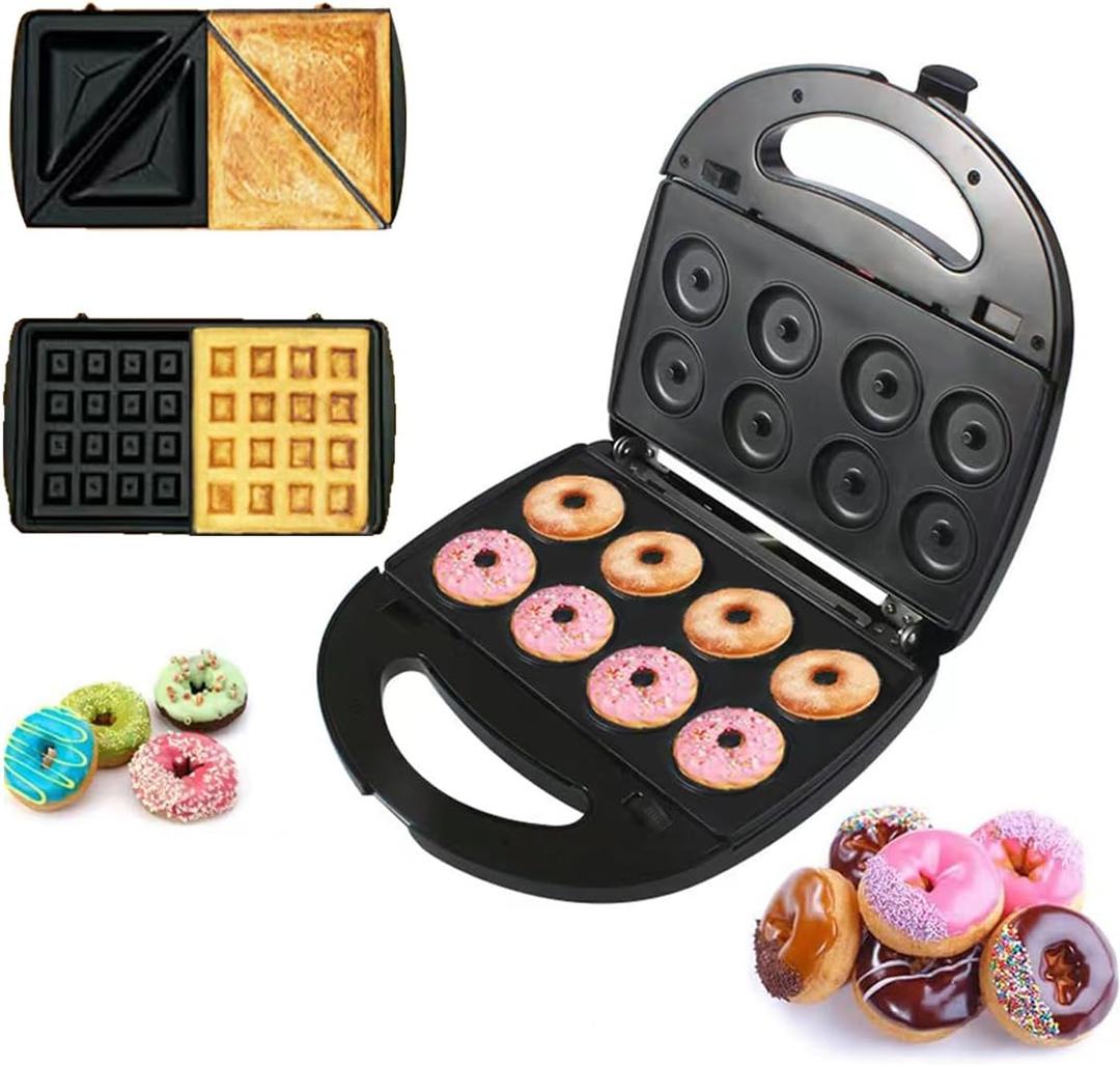 Donut Maker, 3 in 1 Electric Waffles Sandwich MachinePanini Press Grill Iron Set with 3 interchangeable Removable Non Stick Plates750W Detachable Dessert Toaster, Perfect for Breakfast