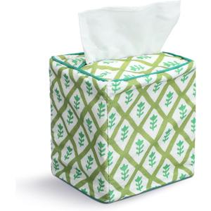 Mimorou Green Color Print Tissue Cover - Floral Print Tissue Box & Decorative Square Napkin Holder Handmade Cotton for Home Bedroom Vanity Countertop Night Stands Office