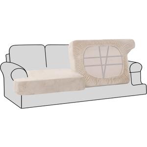 H.VERSAILTEX Stretch Velvet 2 Piece T-Cushion Cover Separate T-Cushion Cover Seat Cover for Sofa Couch Cushion Slipcovers Furniture Protector with Elastic Bottom (Sofa, Ivory)