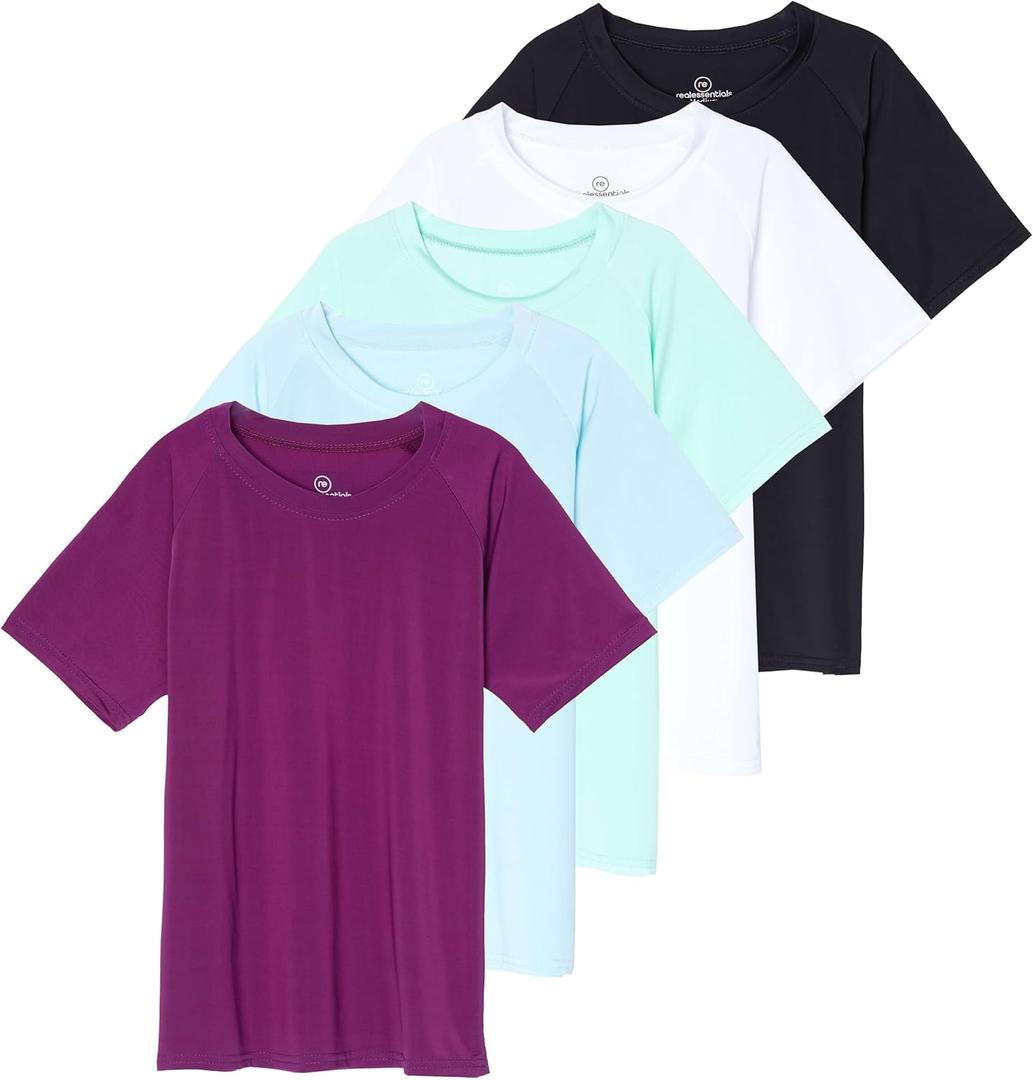 Real Essentials 5 Pack: Girls Rash Guard Swim Shirts  Short Sleeve UPF Sun Protection Tops (Ages 4-16) (L)