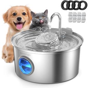 Invengo Cat Water Fountain Stainless Steel, 3.2L/108oz Pet Drinking Fountain for Cats Dogs, Automatic Cat Fountain with 2 Flow Modes, Splash-Proof Bowl, Includes 4 Replacement Filters
