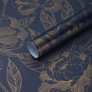 2 x Vinjiasin Peel and Stick Wallpaper Blue and Gold Wallpaper Floral Contact Paper Vintage Removable Self Adhesive Wall Paper for Bathroom Bedroom 17.3"x 78.7"