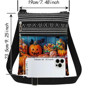 Pumpkin Candy Trick or Treat Adjustable Strap Crossbody Bag Jack-O-Lantern Bat with Assorted Sweets Print Messenger Bag for Candy Lover Halloween Night Birthday Party Gift for Friend