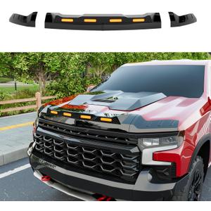 3Pcs Hood Protector with LED Light Compatible with 2019-2024 Chevy Silverado 1500 ZR2 Hood Deflector Glossy Black Lightshield Replacement for 2019-2024 Chevy Silverado Accessories