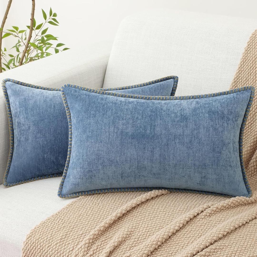 decorUhome Chenille Soft Cozy Throw Pillow Covers 12x20 Set of 2, Modern Farmhouse Boho Velvet Decorative Pillow Cases with Stitched Edge for Couch Sofa Bed Home Decor, Blue