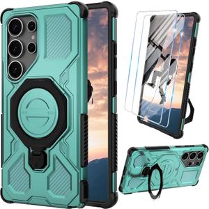 for Samsung Galaxy S25 Ultra Case with Tempered Glass Screen Protector, Heavy Duty Military Grade Shockproof Protective Cover 360 Ring Magnetic Kickstand Cell Phone Case for Samsung S25 Ultra (Green)
