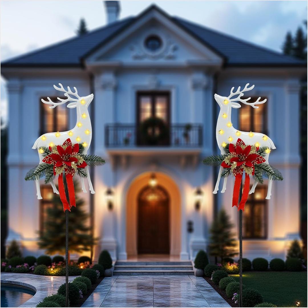 2 Pcs Solar Stake Christmas Outdoor Decorations Garden Stake Decor LED Christmas Reindeer Stakes for Garden Lawn Yard (Reindeer) White