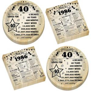 CHUNNIN 50pcs 40th Birthday Plates and Napkins 40 Year Old Birthday Party Decorations Vintage Back in 1986 Dessert Plates Vintage 1986 40th Theme Disposable Tableware Set for Men Women Party Supplies