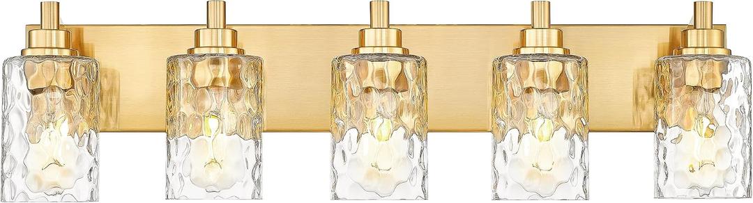 5-Light Bathroom Light Fixtures, 30 Inch Brushed Gold Vanity Lights with Clear Hammered Glass Cylinder Shade, Modern Vanity Lighting Fixture Over Mirror, VL198-BG-5