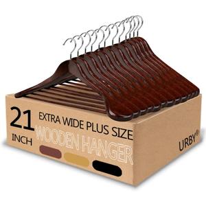 Urby 12pk 21 inch Wide Shoulder Wooden Hangers No Shoulder Bump. Design for Suit, Jackets, Heavy Cloths with Non Slip Pants Bar. Easy-to-Install Hook for Convenient and Quick Setup.