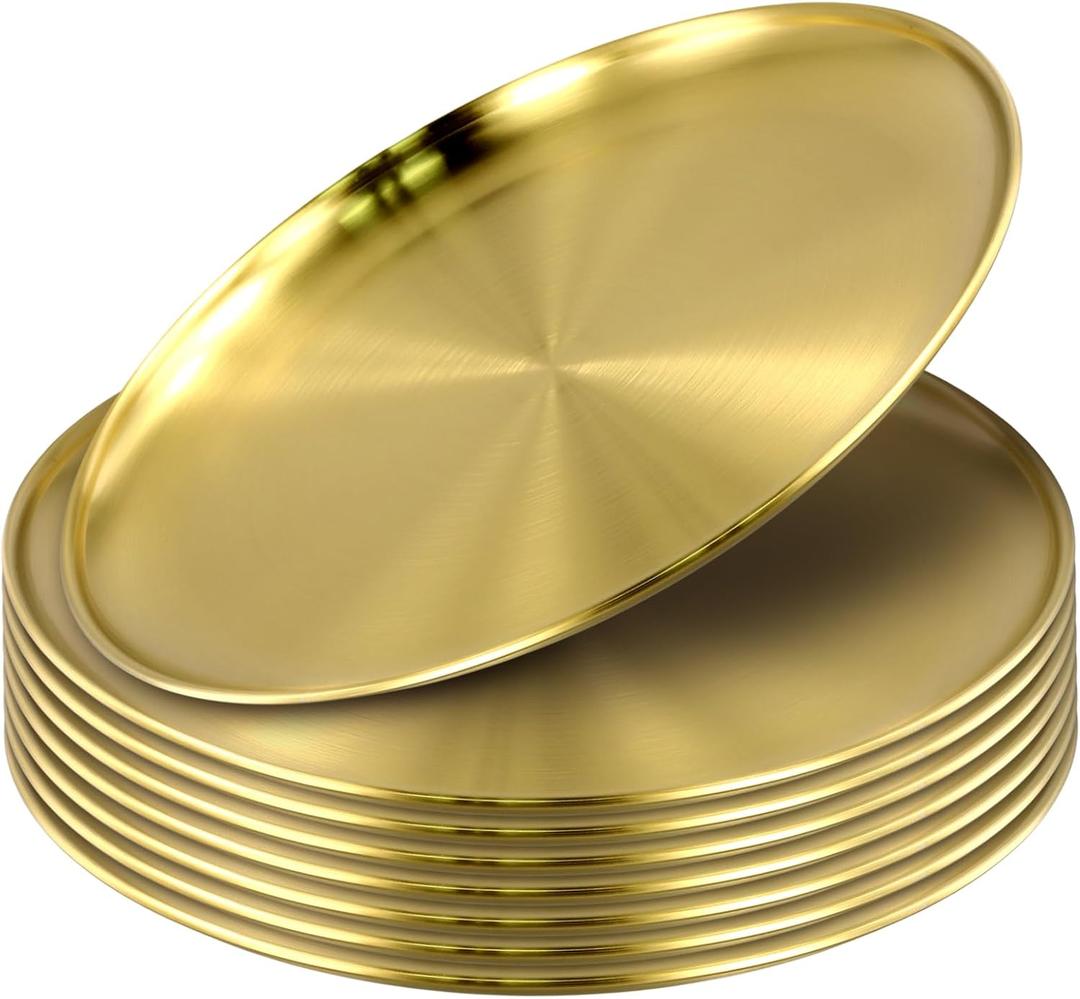 8PCS 201 Stainless Steel Gold Plates, 10 Inches Flat Metal Dishes, Round Serving Plates for Snacks, Desserts, one size