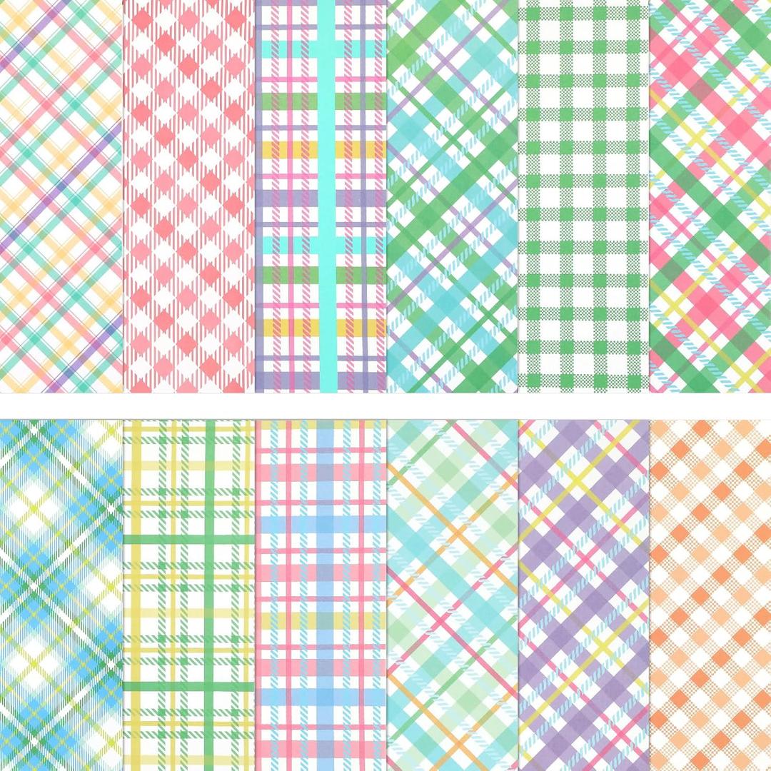 24 Sheets Pastel Plaid Easter Pattern Scrapbook Paper, 11.8x11.8 Inch Double-Sided Print Decorative Craft Paper, Scrapbook Specialty Papers for Card Making Photo Album Decor