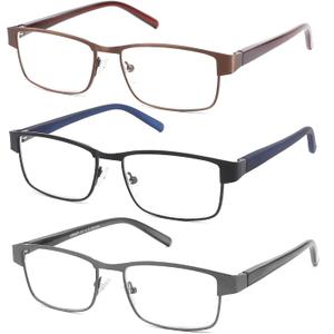 CRGATV 3-Pack Reading Glasses for Men Blue Light Blocking Metal Full Frame Computer Readers Anti UV/ Eye Strain/ Glare (+2.0 Magnification Strength)