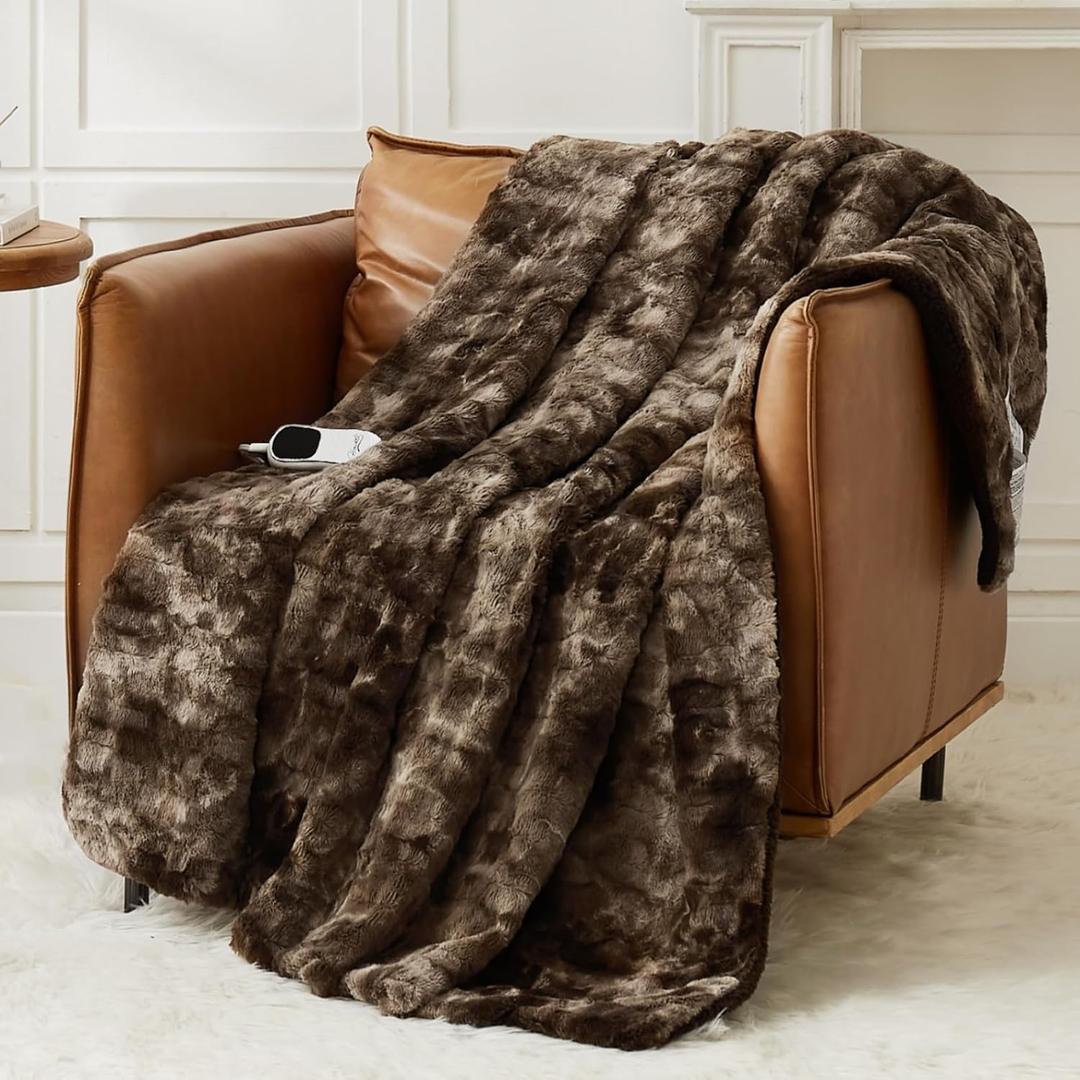 Homemate Heated Weighted Blanket for Adults  50"x60" 10lbs Electric Throw Fast Heating Heavy Blanket 1/2/4/6/8 Hour Auto Off 10 Heat Levels OverHeat Protection Luxury Faux Fur Sherpa