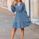 Simplee Womens Fall Denim Dress Casual Long Sleeve V Neck Empire Waist Ruffle A Line Flowy Short Jean Dresses with Pockets (Blue, S)