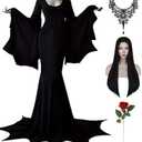 Halloween Morticia Addams Costumes Vintage Gothic Black Long Dress Outfit Women Wig Red Roses Flowers Necklace, M