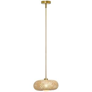 Folux Bamboo Opal Glass Brass Pendant Light Fixture, 9.8’’ Hand-Woven Bamboo Shade, for Kitchen Island Living Room Bedroom, Modern Farmhouse Boho Light Fixture