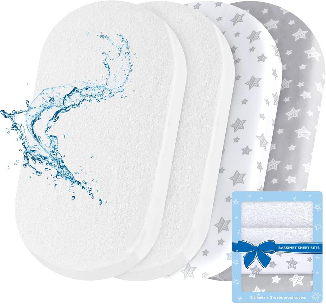 Bassinet Sheets & Waterproof Bassinet Mattress Pad Protector 4 Pack Set, Viscose Terry, Universal Fit for Oval, Hourglass and Rectangular Mattress, Grey & White (32" X 17")