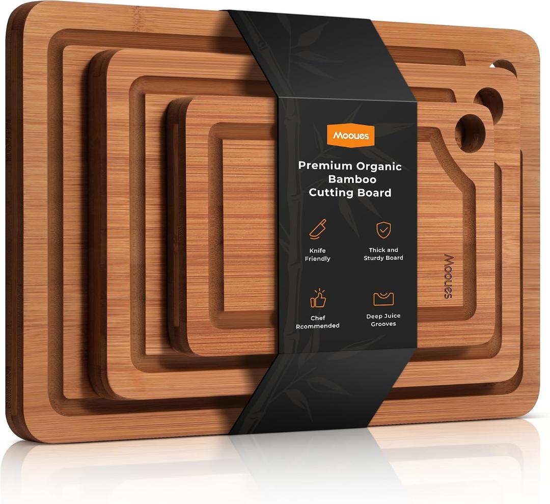 Bamboo Cutting Board for Kitchen, Knife-Friendly Wooden Cutting Boards Set 3-Piece with Juice Groove, Durable Chopping Boards for Meat, Vegetables, Fruits, Cheese Multi-Purpose, Kitchen Gifts