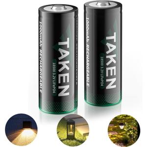 Taken Rechargeable 18500 3.2V Solar Battery, 3.2 Volt LiFePO4 Lithium Battery Cell for Garden Solar Light Flashlight Outdoor Lights 2 Count (Not AA Batteries)