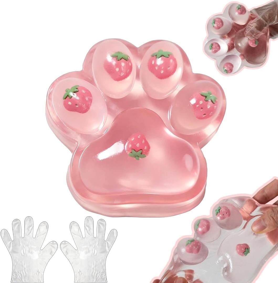 Large Cat Paw Taba Squishy Squeeze Toys 5-inch Strawberry Pink Fufu Squishy with Plastic Gloves Sensory Stress Relief Fidget Toys for Party Favors Sensory Anxiety Toys for Adults (Strawberry)