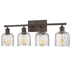 Zeyu 4 Light Fixtures for Bathroom Above Mirror, Vintage Vanity Lighting Fixtures, Oil Rubbed Bronze Finish with Clear Hammered Glass, ZJF63B-4W ORB