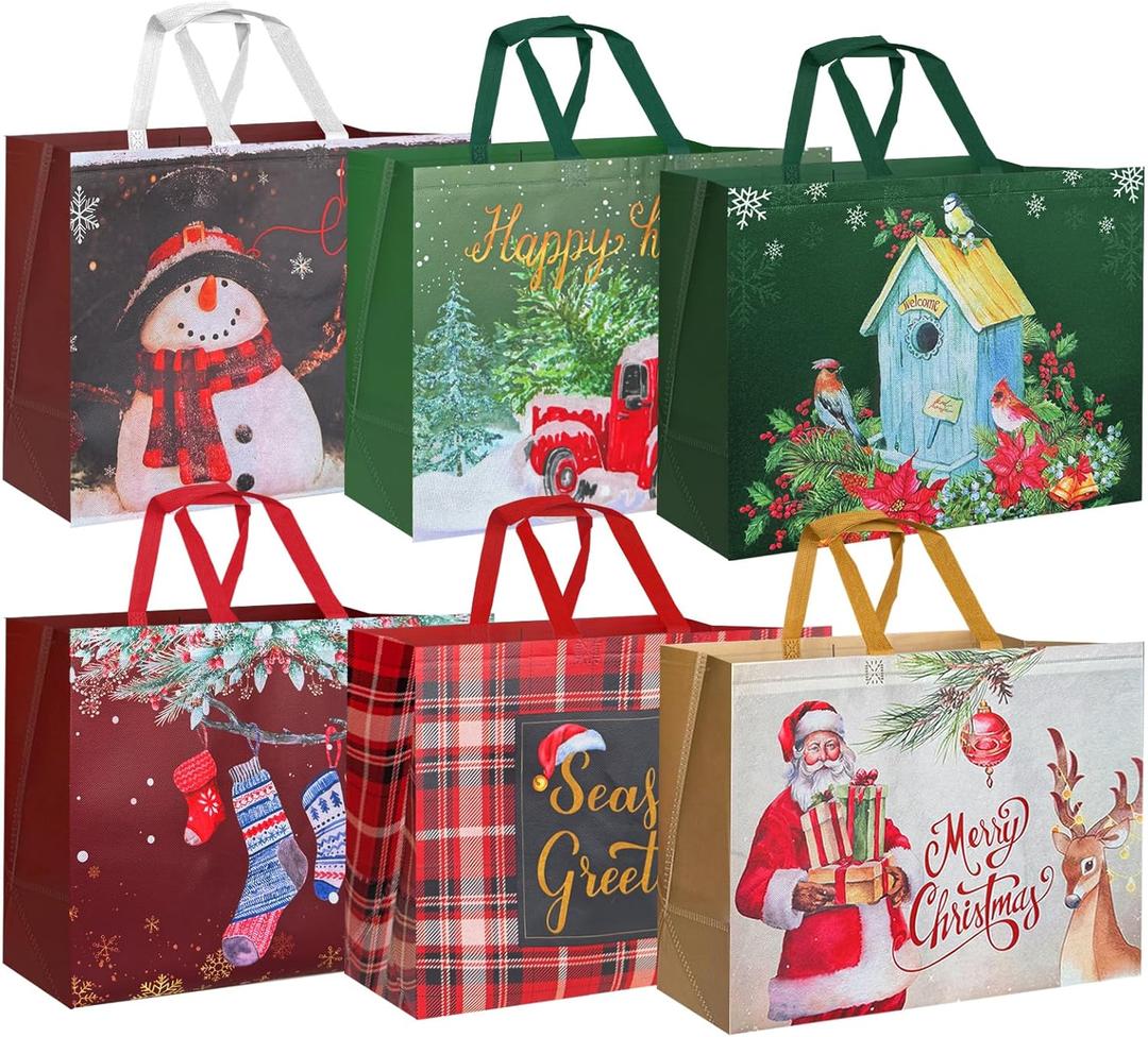 Nihuecne 12 Pack 17" Extra Large Christmas Gift Bags for Wrapping Giant Xmas Holiday Presents, Non-Woven Reusable Tote Bags with Handles, 6 Assorted Designs (17 x12 x 10 In)