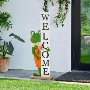 Glitzhome Welcome Sign for Front Porch, 36" H Wooden Frog Welcome Porch Sign Standing Large Signs for Home Front Door Yard Season Party Decor