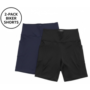 Pack of two ODODOS High Waist Workout Shorts with Pockets for Women 6"/8" Inseam Tummy Control Gym Athletic Biker Shorts Blue and Blue Size S