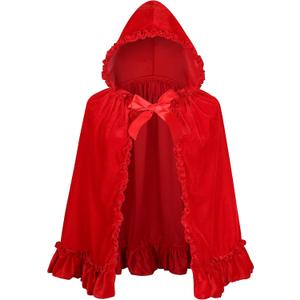 TOONRAIN Womens Velvet Little Red Riding Hood Cape Halloween Christmas Short Cloak Fairytale Costume (23.6 inches, Flower Group Bright Red)