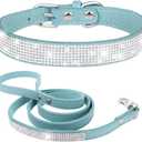 Female Dog Collar and Leash Set for Medium Dogs, Pretty Rhinestone Bling Dog Collar Diamond Crystal Glitter Jewel Girl Dog Collars for Small Medium Pet Dogs, Light Blue M