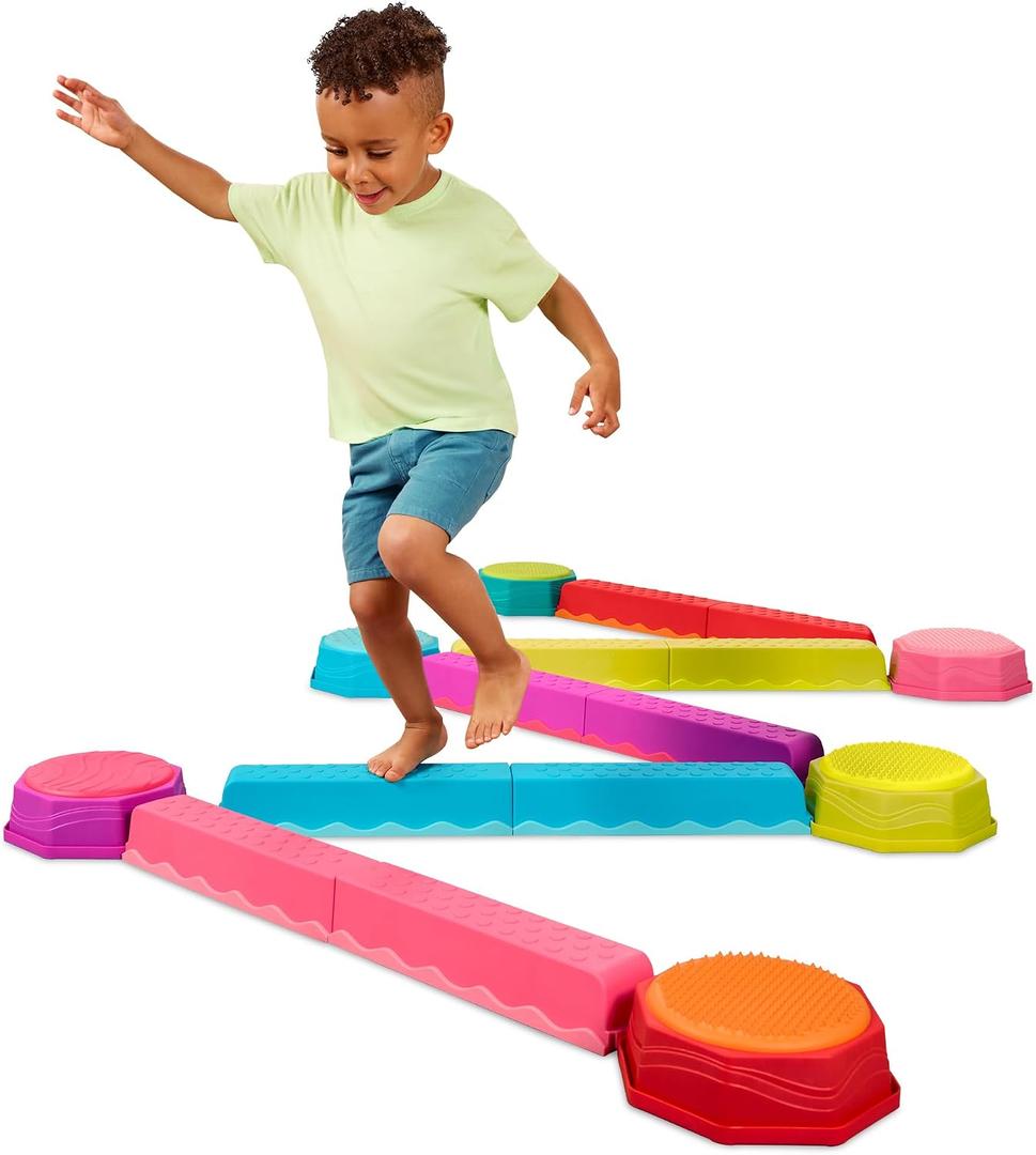 B. toys Balance Beam Set, 10 Beams & 6 Sensory Stepping Stones, Rainbow, 1 Count