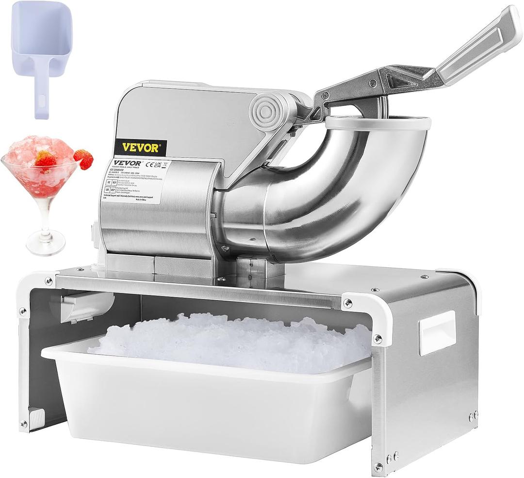 VEVOR 110V Commercial Snow Cone Machine, 661LB/H Snow Cone Maker, Electric Shaved Ice Machine w/Dual Blades, Stainless Steel Ice Crusher Shaver w/ 20Qt Ice Basin, 250W Snowball Machine 1420RPM (Silver)